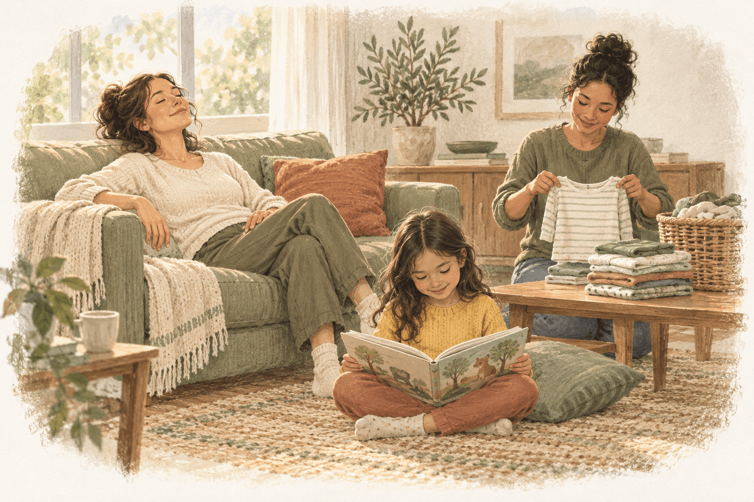 Illustration of a mother relaxing at home while a helper folds laundry and a happy child reads a book.
